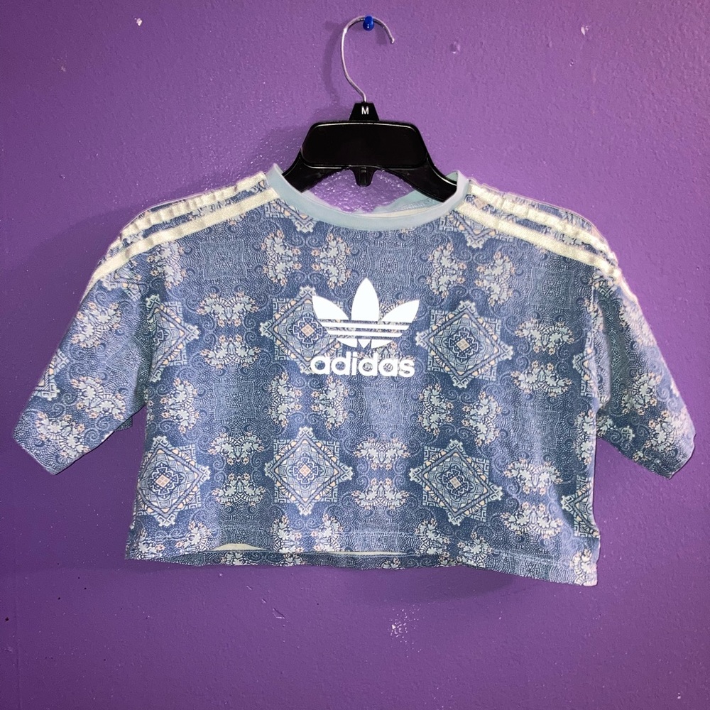 Adidas blue/white paisley style crop tee size M